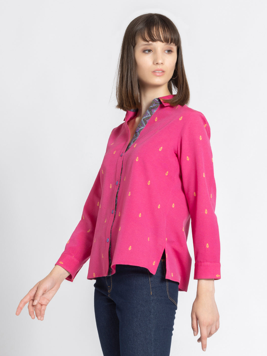 Pink Shirt Collar Ethnic Motif Kurti from Shaye India , Kurti for women