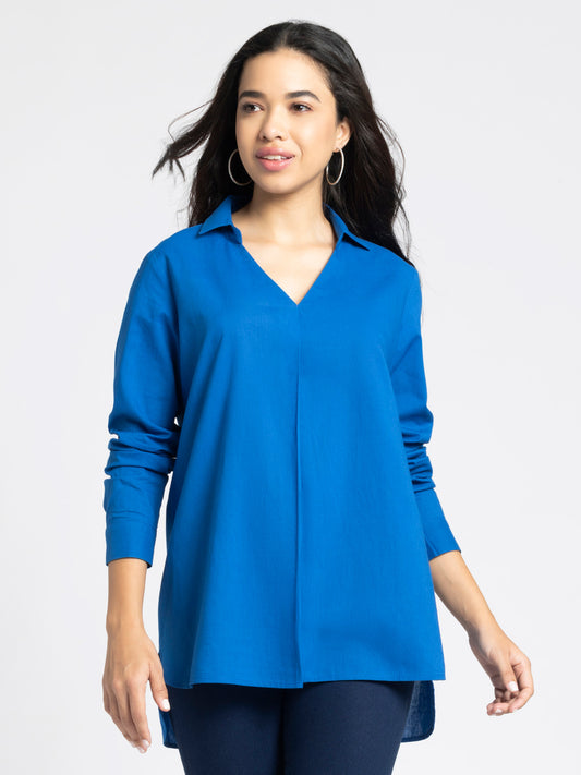 Royal Blue V-Neck Pleated Cotton Kurti from Shaye India , Kurti for women