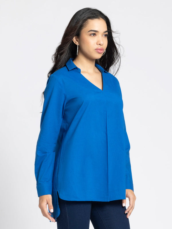 Royal Blue V-Neck Pleated Cotton Kurti from Shaye India , Kurti for women