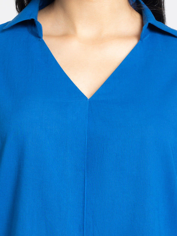 Royal Blue V-Neck Pleated Cotton Kurti from Shaye India , Kurti for women