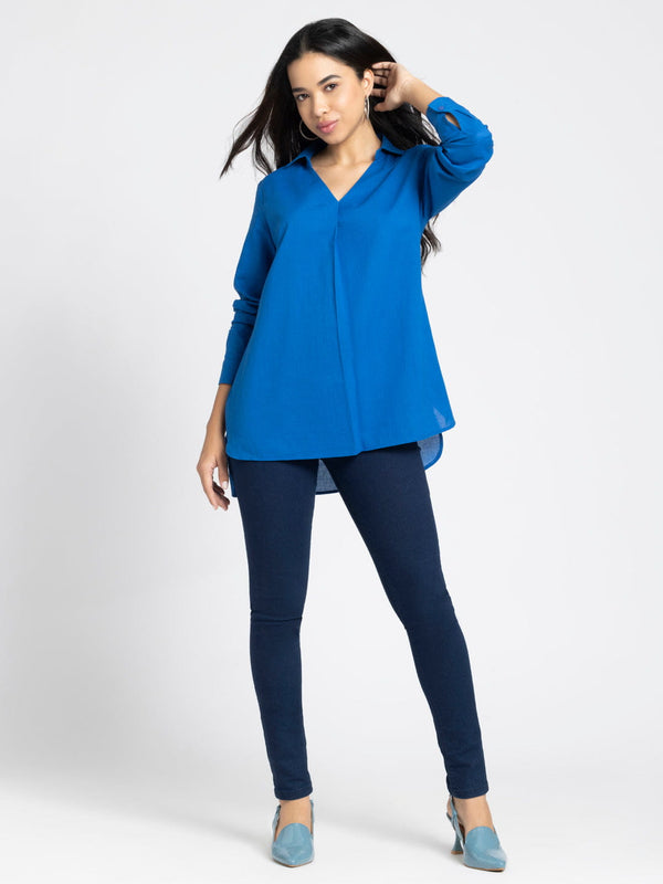 Royal Blue V-Neck Pleated Cotton Kurti from Shaye India , Kurti for women