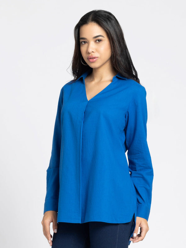 Royal Blue V-Neck Pleated Cotton Kurti from Shaye India , Kurti for women