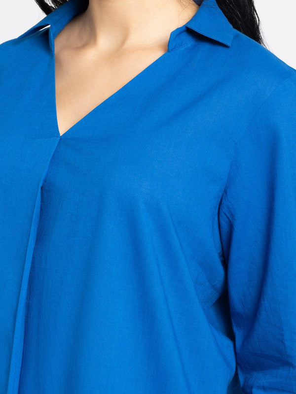 Royal Blue V-Neck Pleated Cotton Kurti from Shaye India , Kurti for women