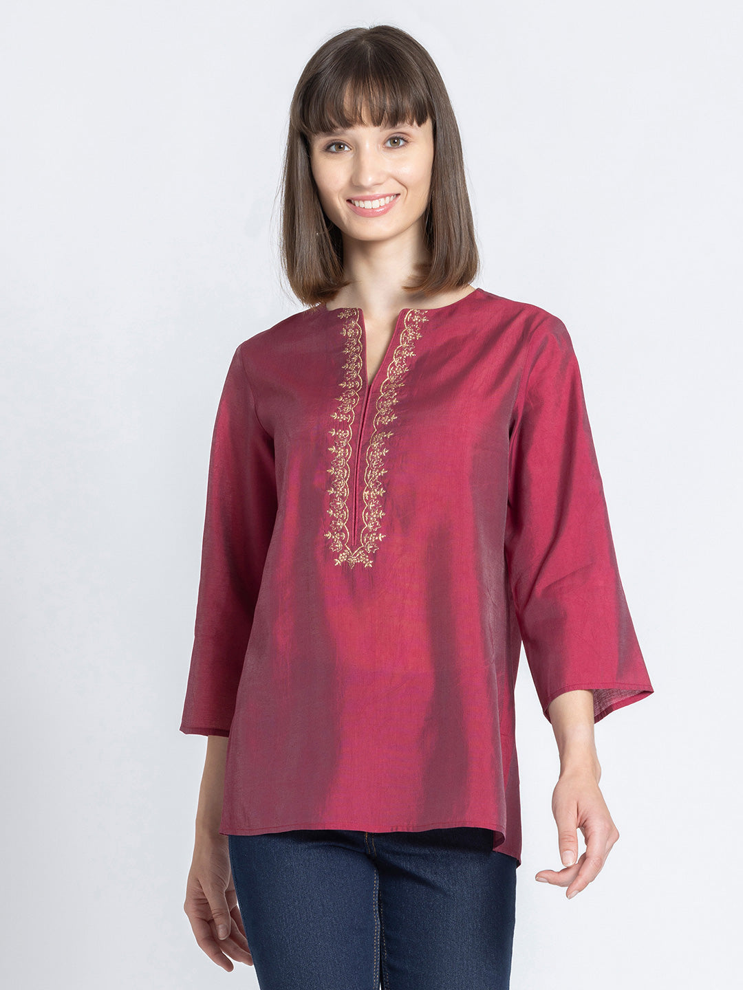 Berry Pink Gold Embroidered Kurti from Shaye India , Kurti for women