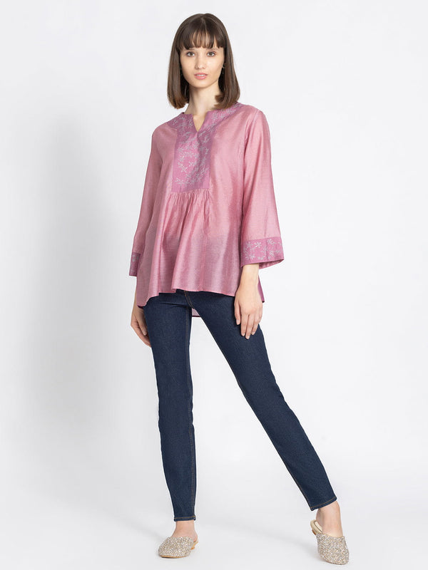 Mauve Silver Embroidered Gathered Kurti from Shaye India , Kurti for women
