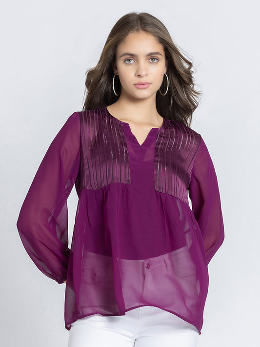 Purple Self Satin Stripe Gathered Kurti from Shaye India , Kurti for women