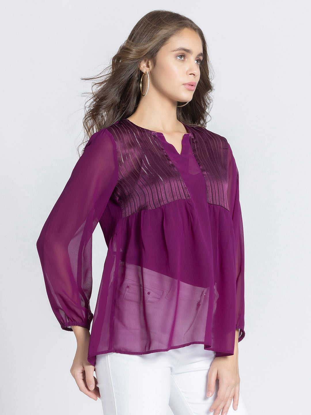 Purple Self Satin Stripe Gathered Kurti from Shaye India , Kurti for women