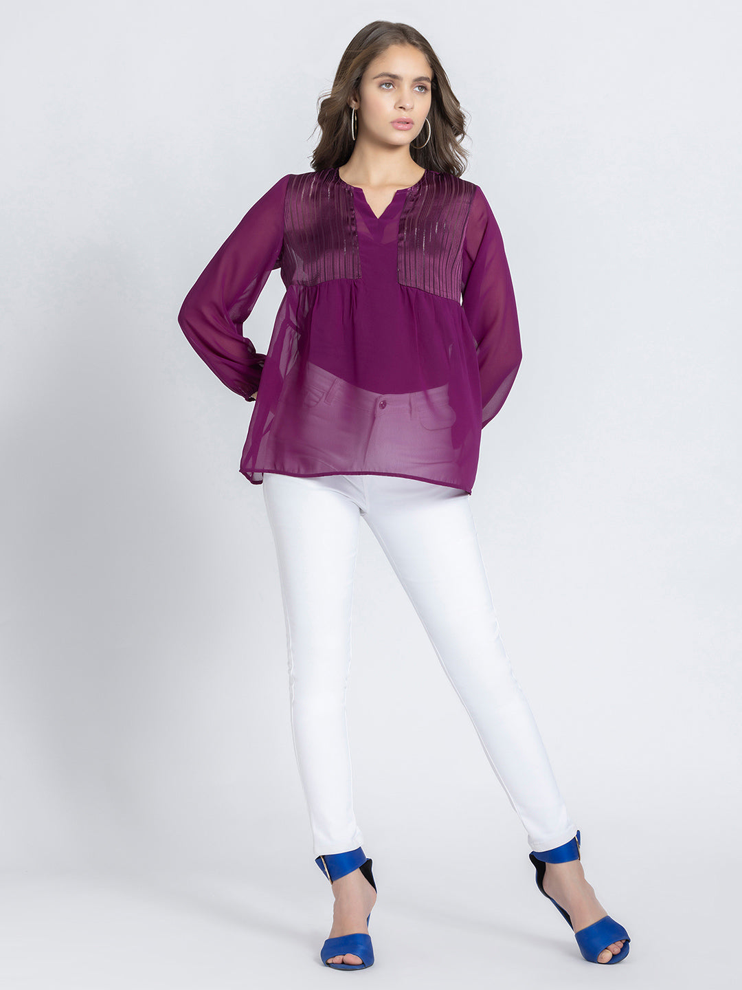 Purple Self Satin Stripe Gathered Kurti from Shaye India , Kurti for women