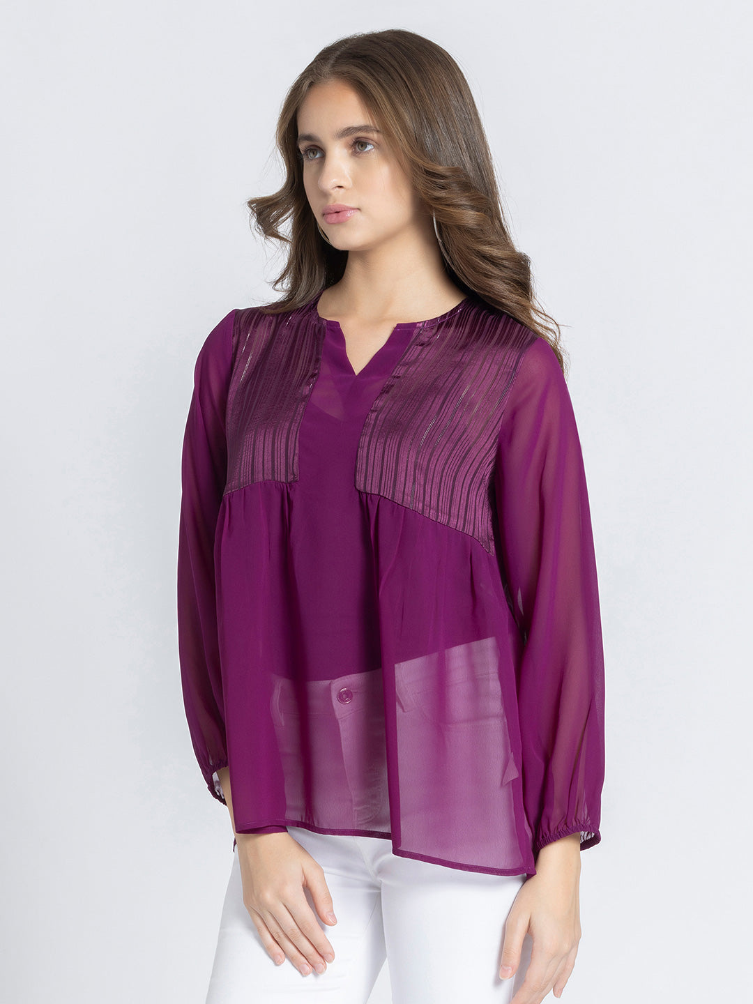 Purple Self Satin Stripe Gathered Kurti from Shaye India , Kurti for women