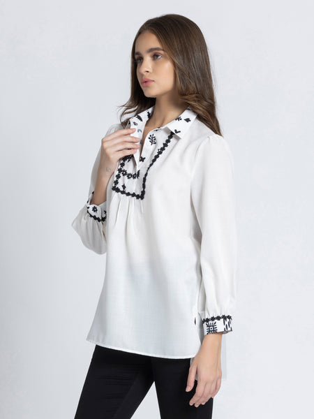 White Shirt Collar Floral Print Kurti from Shaye India , Kurti for women