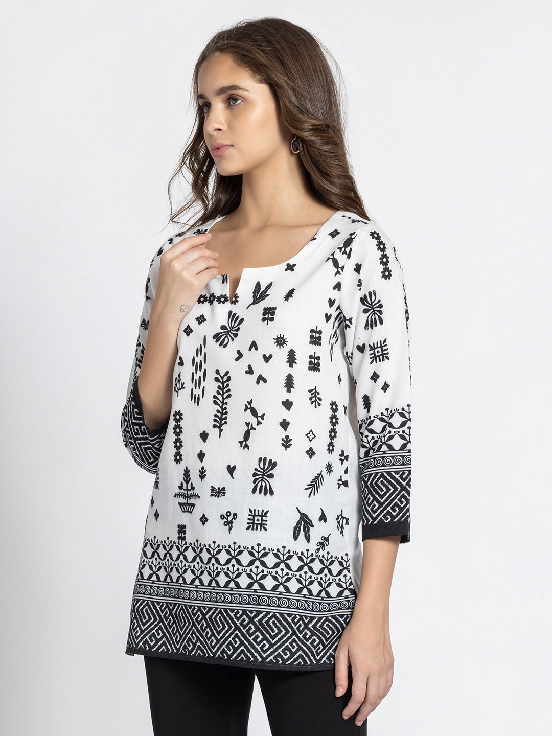 White Aztec Print Scoop Neck Kurti from Shaye India , Kurti for women