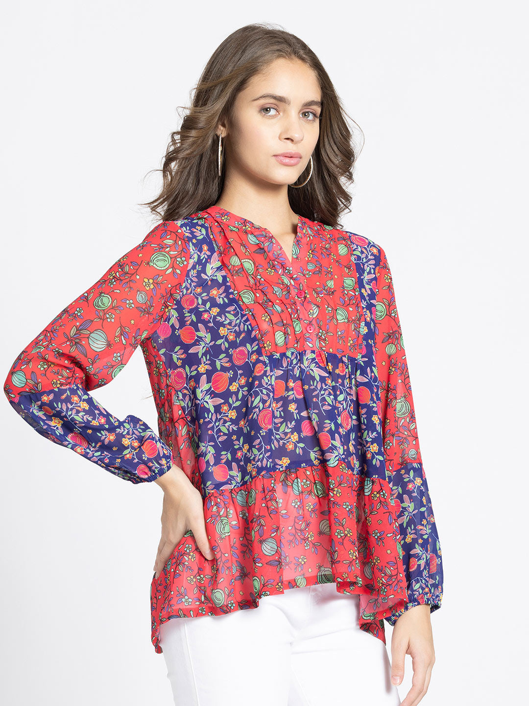 Fuchsia Poma Printed Tiered Georgette Kurti from Shaye India , Kurti for women