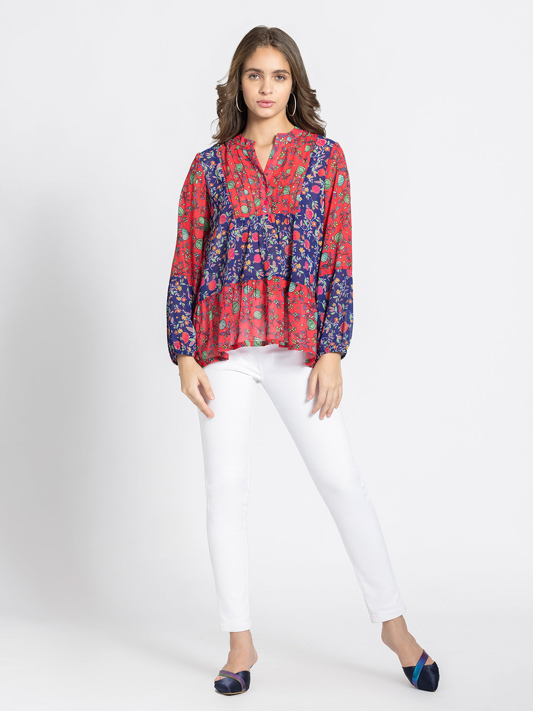 Fuchsia Poma Printed Tiered Georgette Kurti from Shaye India , Kurti for women