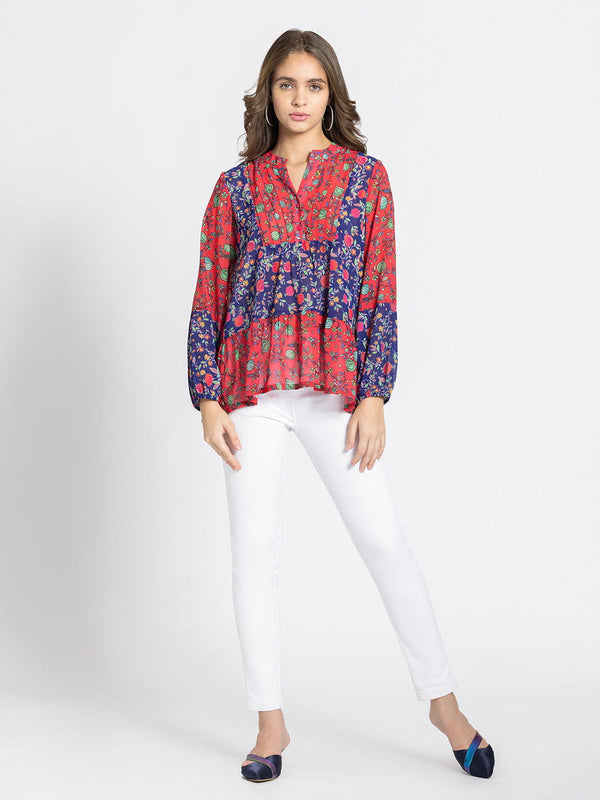 Fuchsia Poma Printed Tiered Georgette Kurti from Shaye India , Kurti for women
