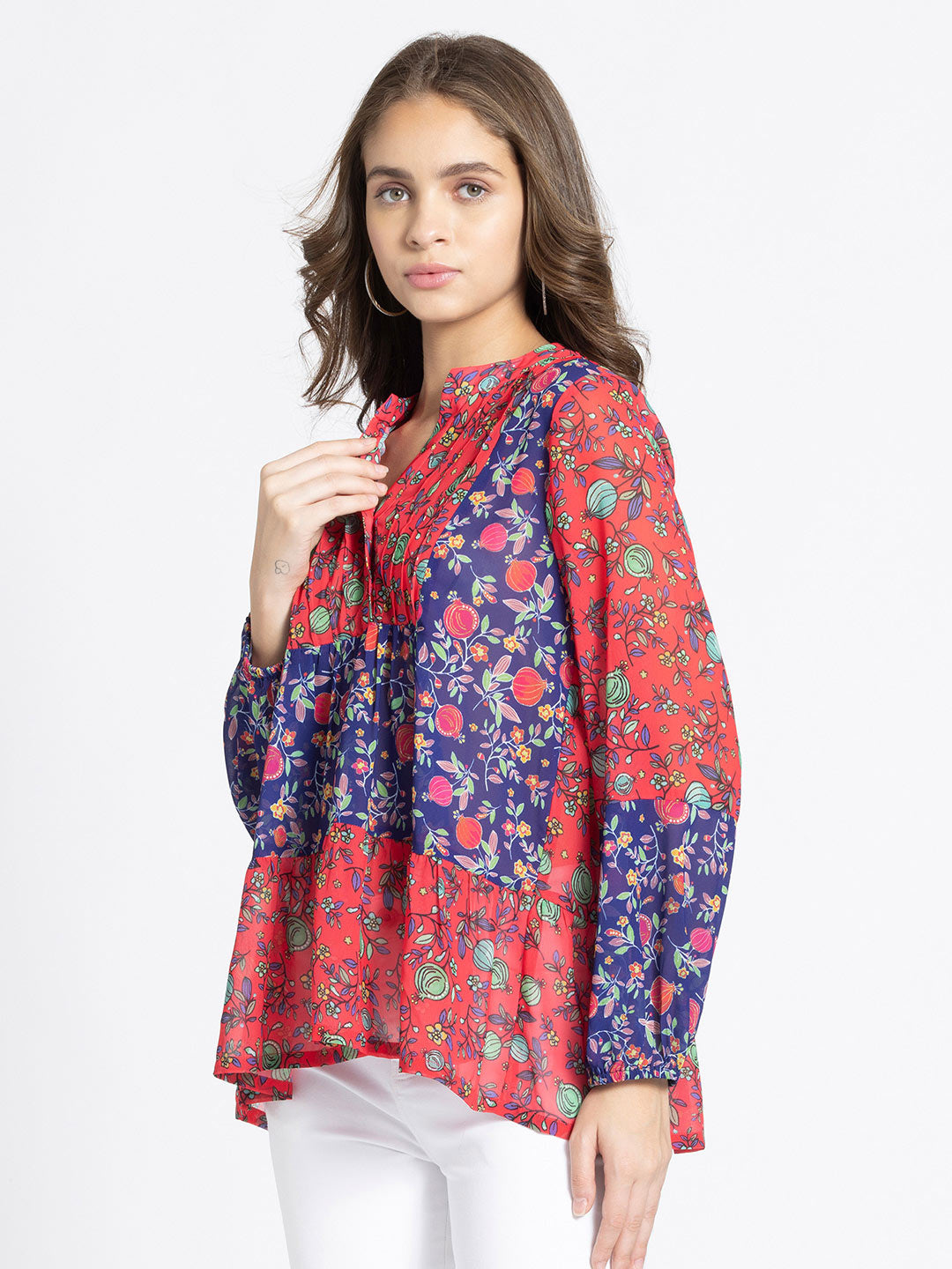 Fuchsia Poma Printed Tiered Georgette Kurti from Shaye India , Kurti for women