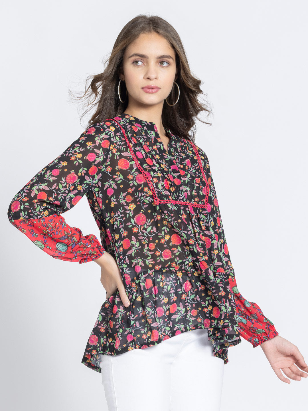 Black Poma Printed Tiered Georgette Kurti from Shaye India , Kurti for women