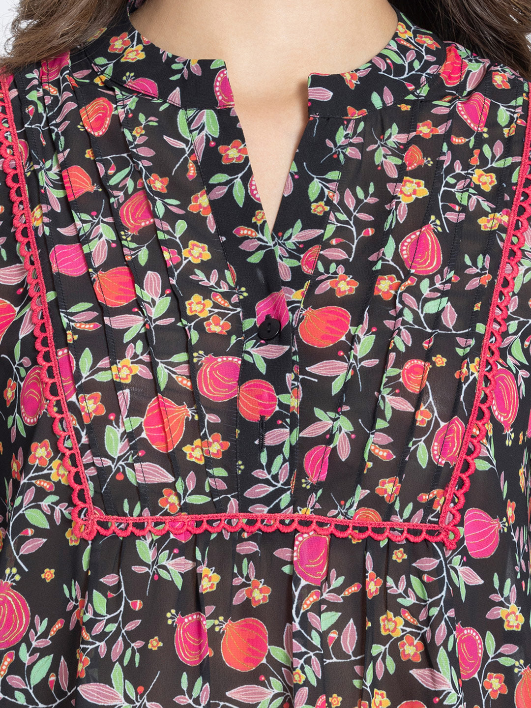 Black Poma Printed Tiered Georgette Kurti from Shaye India , Kurti for women