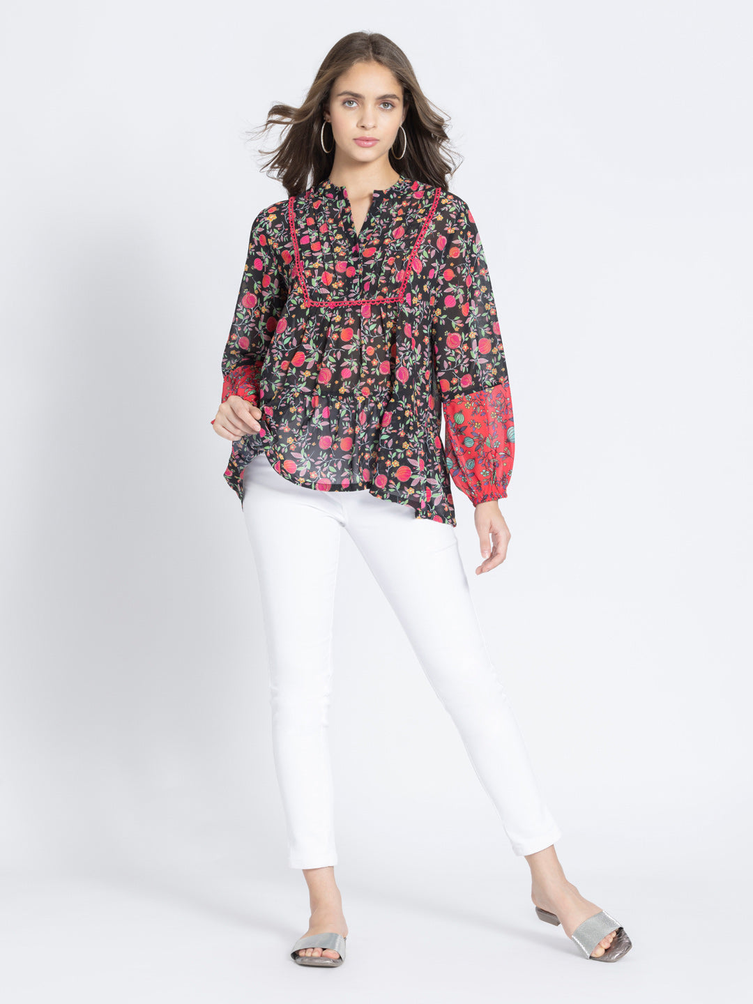 Black Poma Printed Tiered Georgette Kurti from Shaye India , Kurti for women