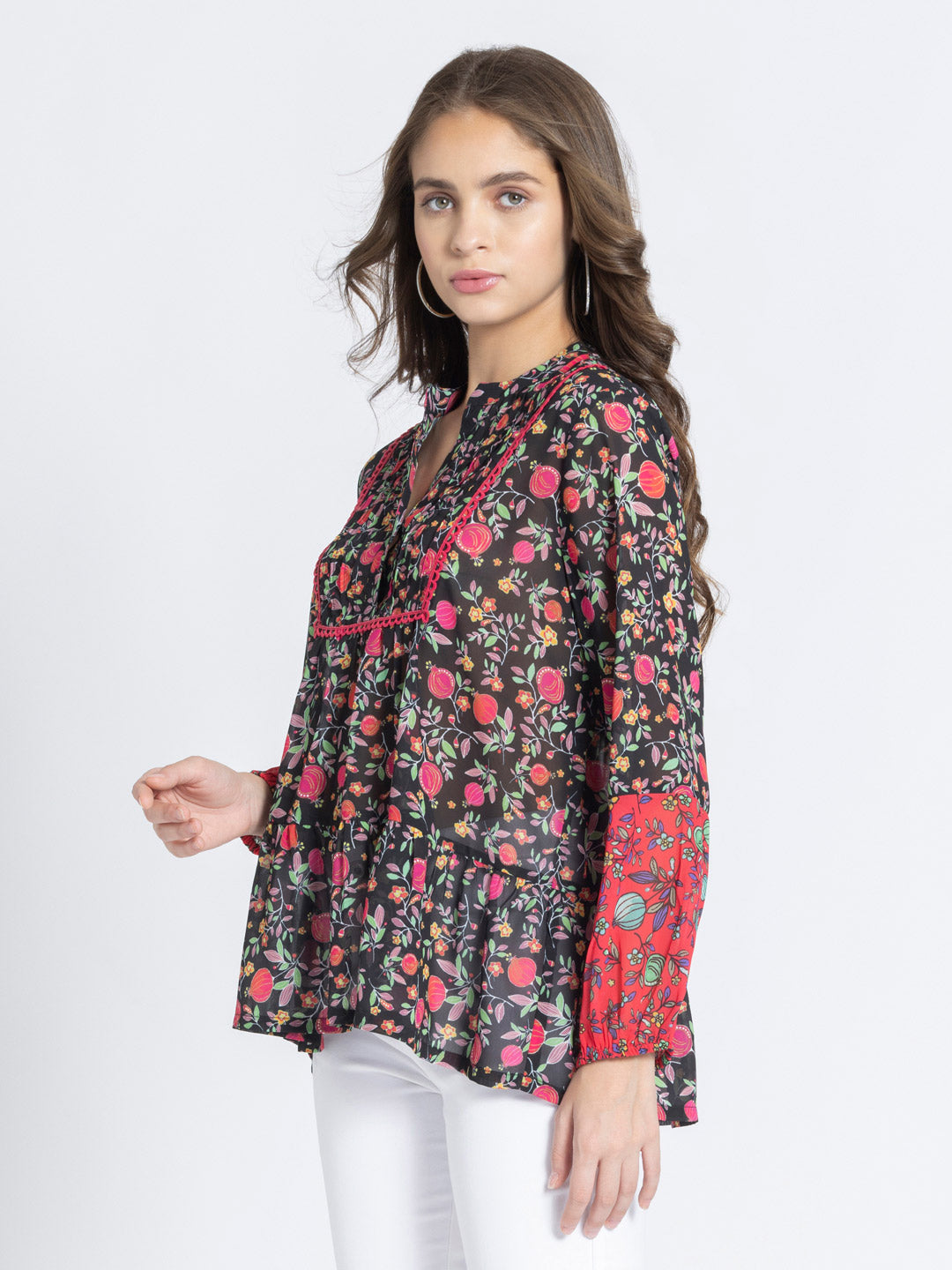 Black Poma Printed Tiered Georgette Kurti from Shaye India , Kurti for women