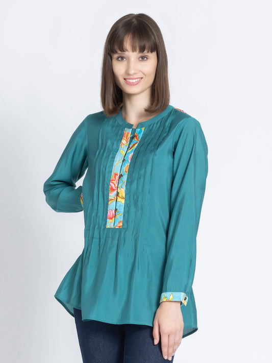 Green Pin-Tucks Straight Silky Kurti from Shaye India , Kurti for women