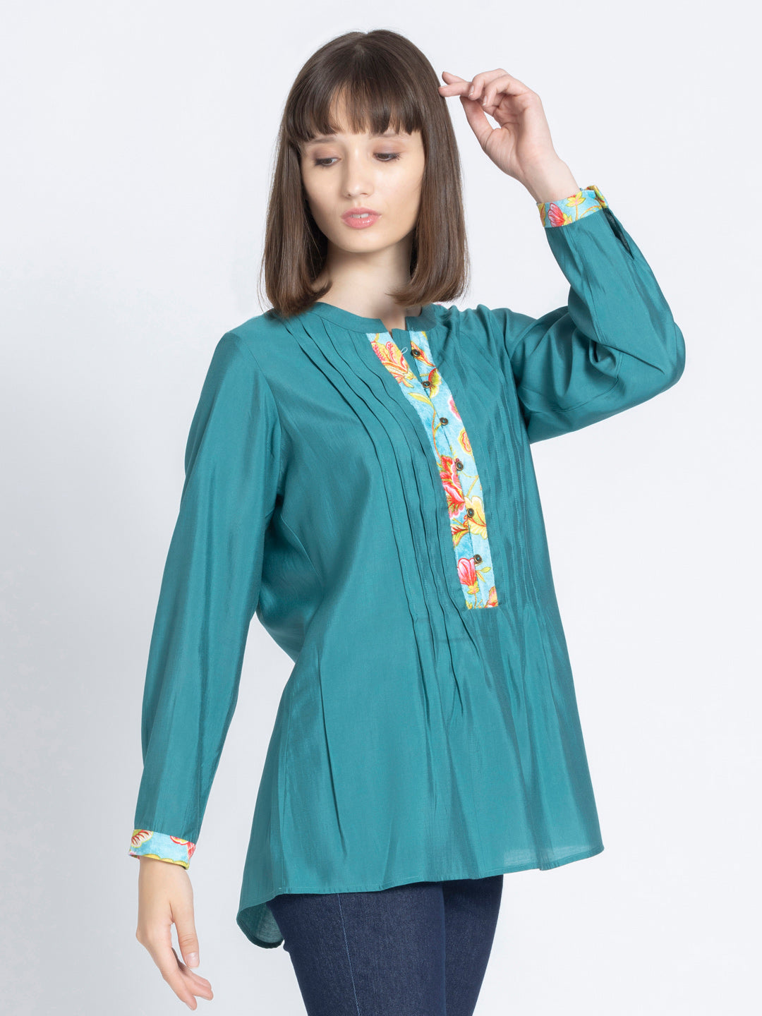 Green Pin-Tucks Straight Silky Kurti from Shaye India , Kurti for women