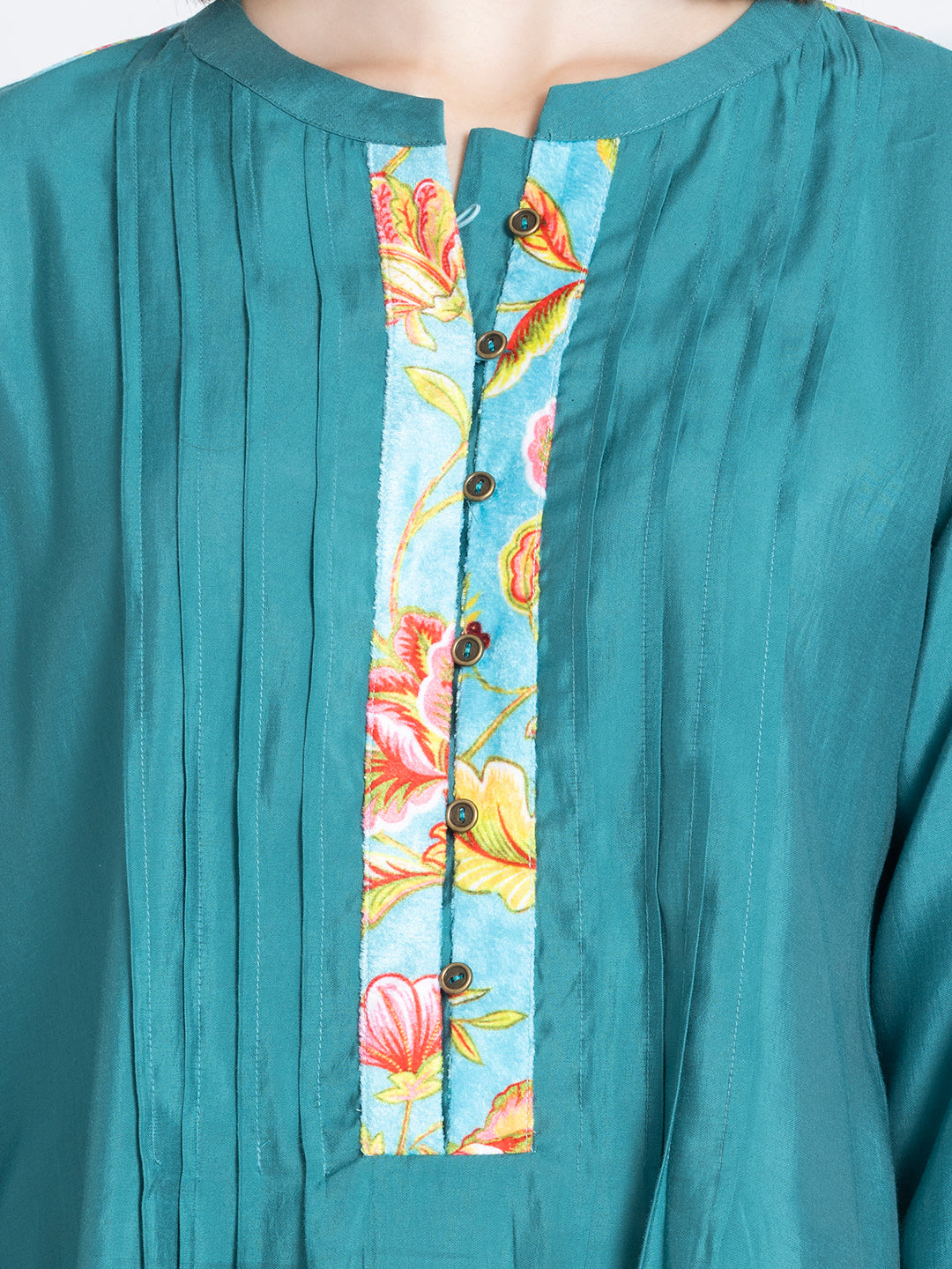 Green Pin-Tucks Straight Silky Kurti from Shaye India , Kurti for women