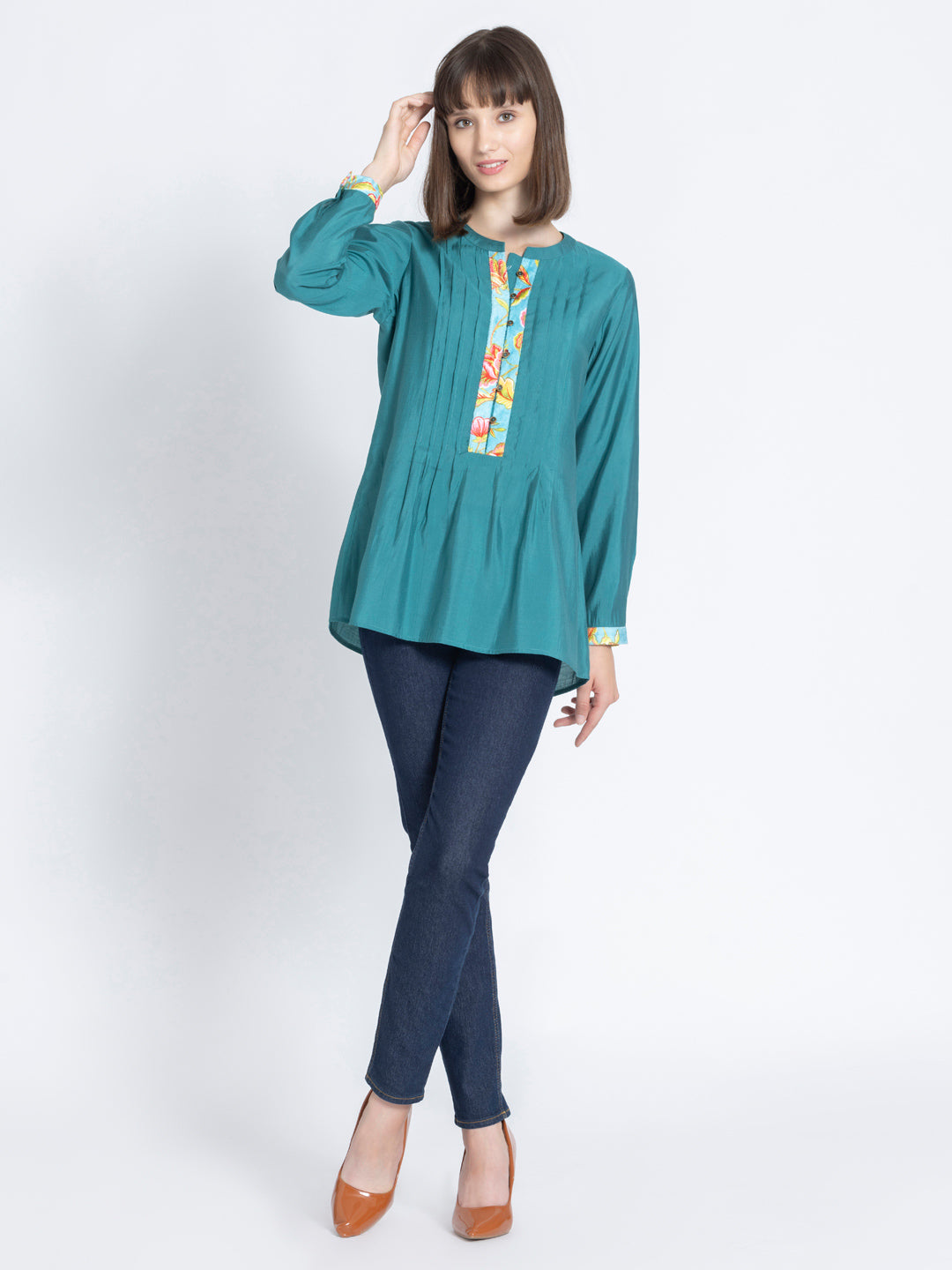 Green Pin-Tucks Straight Silky Kurti from Shaye India , Kurti for women