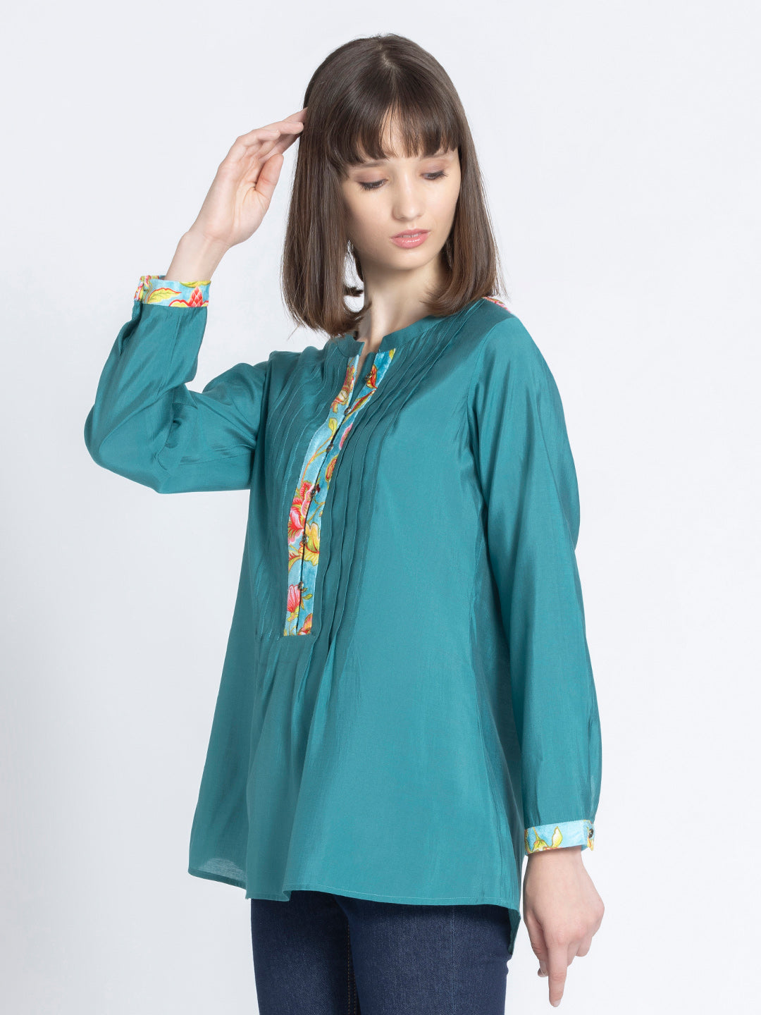 Green Pin-Tucks Straight Silky Kurti from Shaye India , Kurti for women