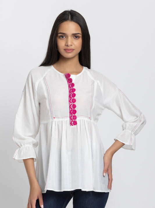White Kantha Stitch Detailing Empire Waist Kurti from Shaye India , Kurti for women