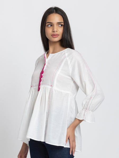 White Kantha Stitch Detailing Empire Waist Kurti from Shaye India , Kurti for women