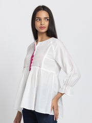 White Kantha Stitch Detailing Empire Waist Kurti from Shaye India , Kurti for women