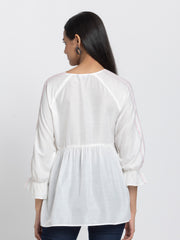 White Kantha Stitch Detailing Empire Waist Kurti from Shaye India , Kurti for women