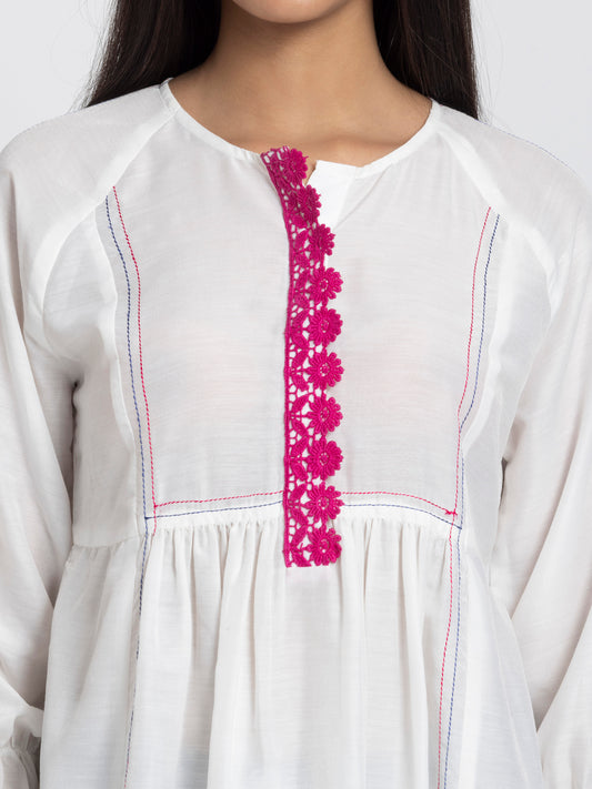 White Kantha Stitch Detailing Empire Waist Kurti from Shaye India , Kurti for women
