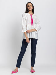 White Kantha Stitch Detailing Empire Waist Kurti from Shaye India , Kurti for women