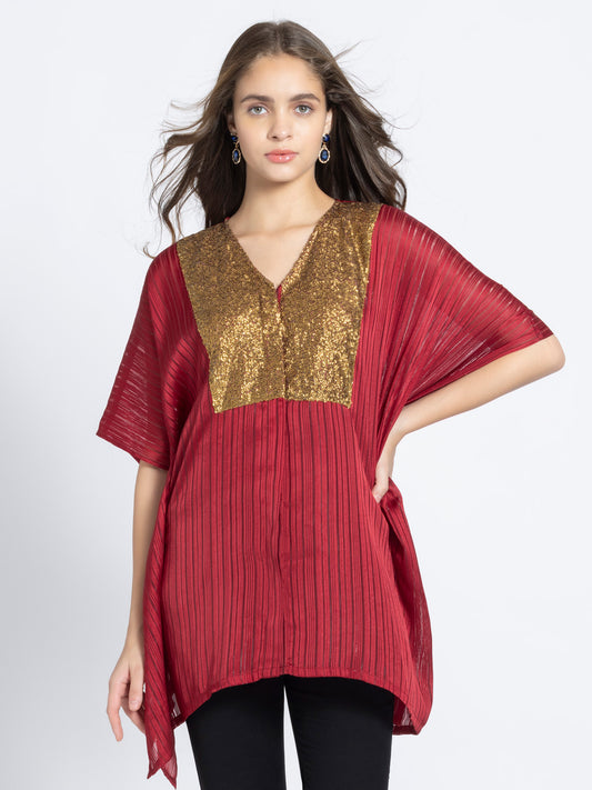 Maroon Sequin Yoke Design Kaftan Front Open Kurti from Shaye India , Kurti for women