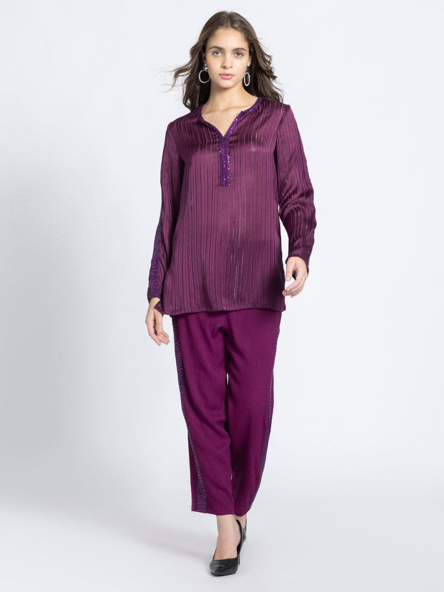Wine Satin Self Stripe Sequin Ethnic Co-ord Set from Shaye India , Coord Set for women