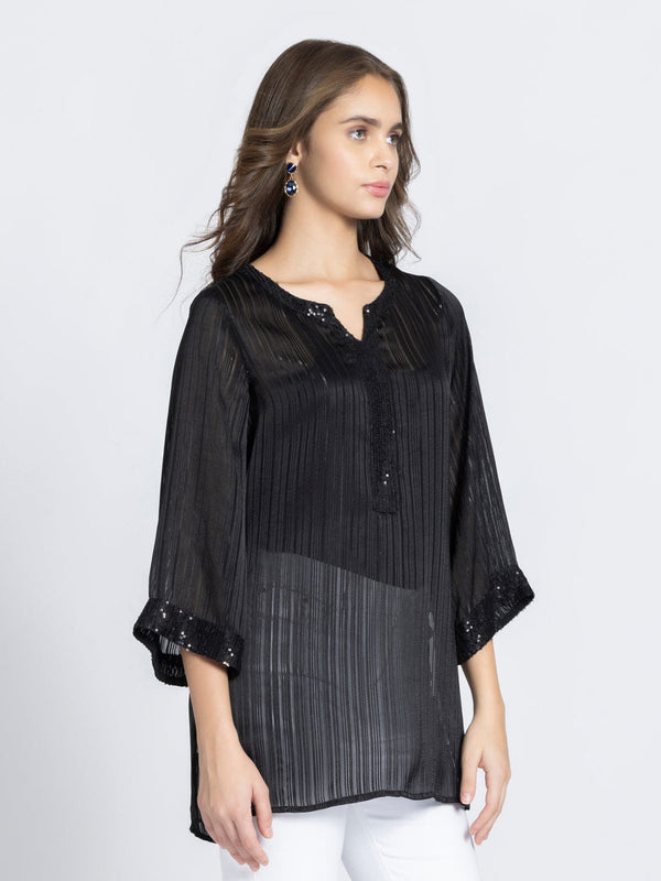 Black Satin Self Stripe Sequin Kurti from Shaye India , Kurti for women