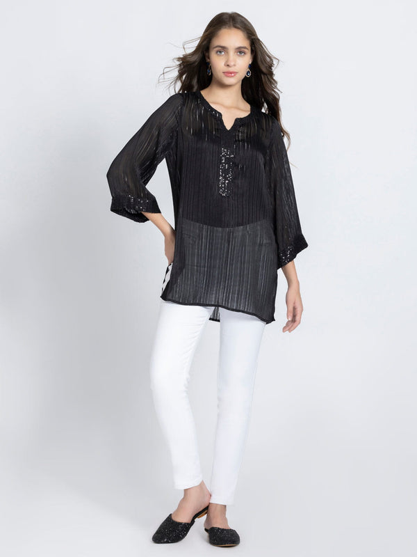 Black Satin Self Stripe Sequin Kurti from Shaye India , Kurti for women