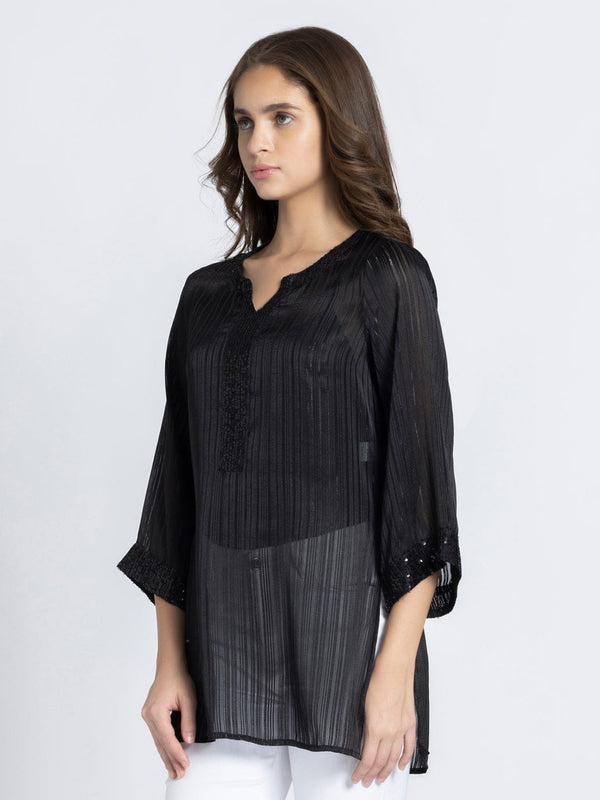 Black Satin Self Stripe Sequin Kurti from Shaye India , Kurti for women