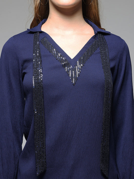 Indigo Sequin Shirt Collar Straight Kurti