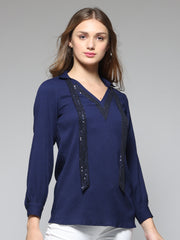 Indigo Sequin Shirt Collar Straight Kurti