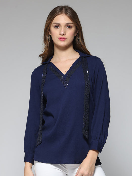 Indigo Sequin Shirt Collar Straight Kurti