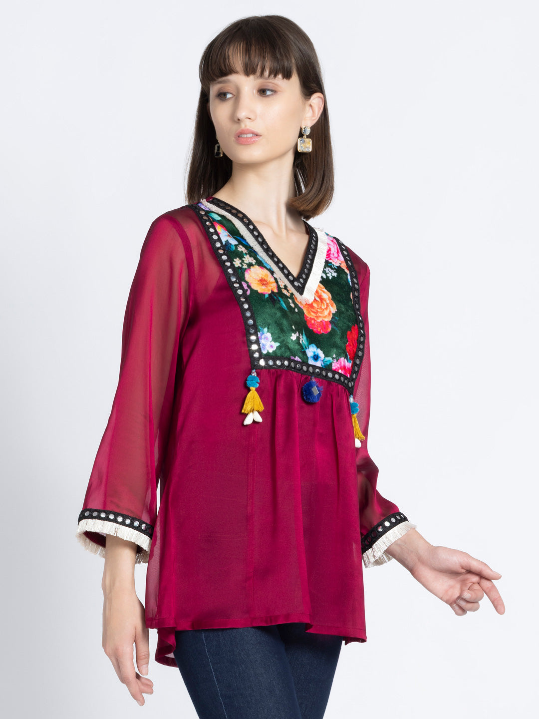 Rani Pink Mirror Work Tasseled Kurti from Shaye India , Kurti for women