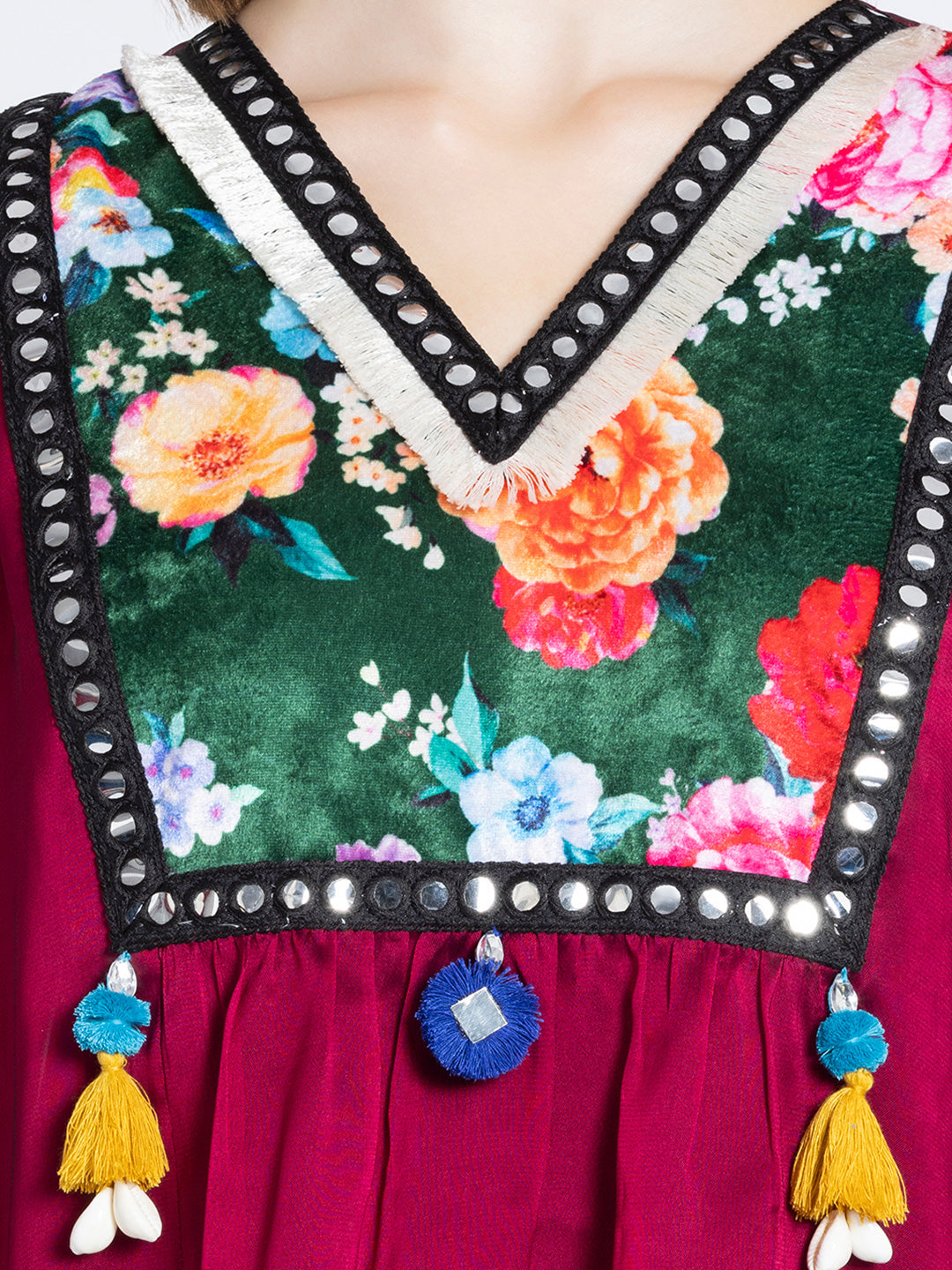 Rani Pink Mirror Work Tasseled Kurti from Shaye India , Kurti for women