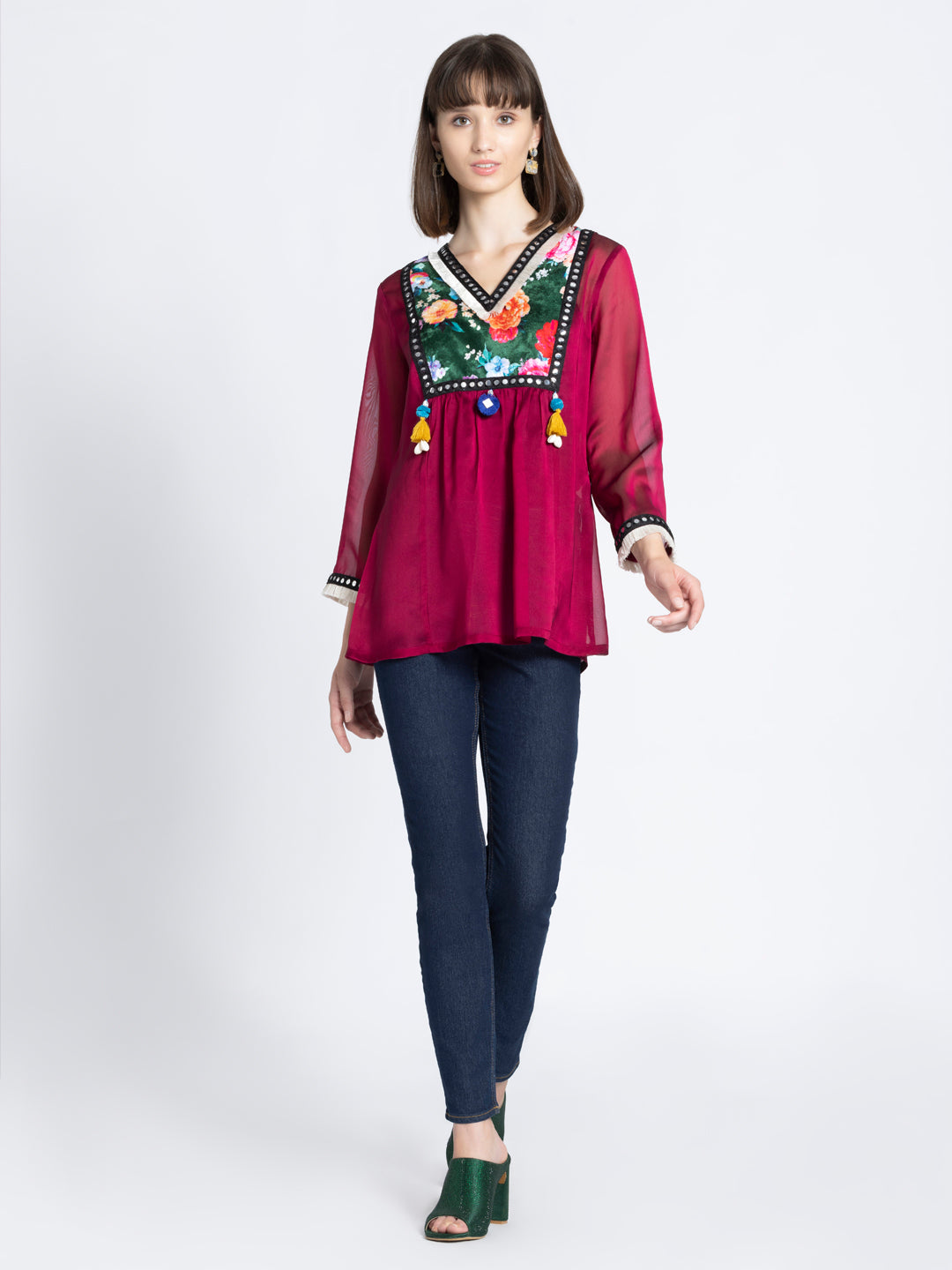 Rani Pink Mirror Work Tasseled Kurti from Shaye India , Kurti for women