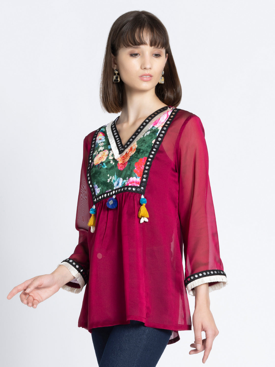 Rani Pink Mirror Work Tasseled Kurti from Shaye India , Kurti for women