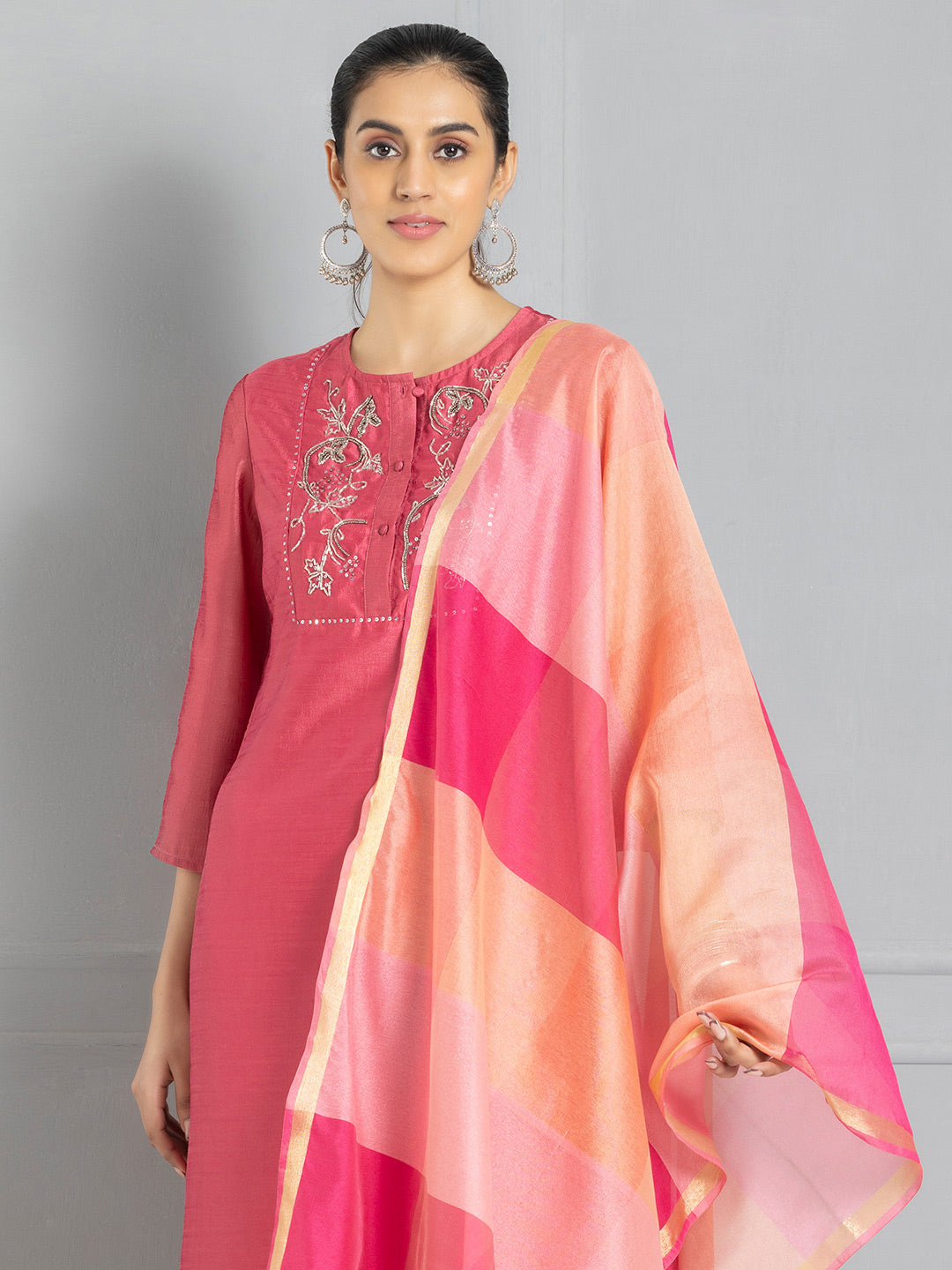 Pink Check Pattern Chanderi Dupatta from Shaye India , Dupatta for women