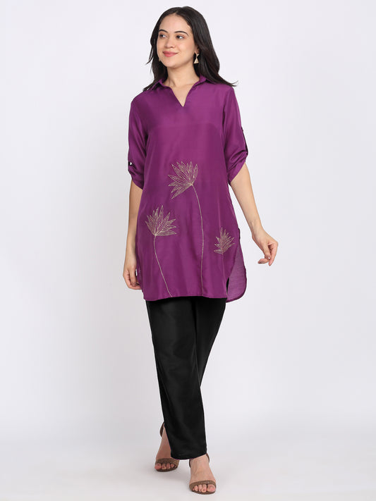 Purple Floral Gold Zari Embroidered Kurti from Shaye India , Kurti for women