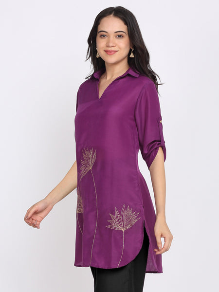 Purple Floral Gold Zari Embroidered Kurti from Shaye India , Kurti for women