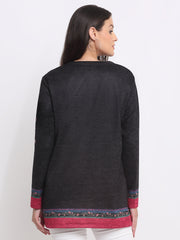 Shaye black kurti wool-knit floral for women back view